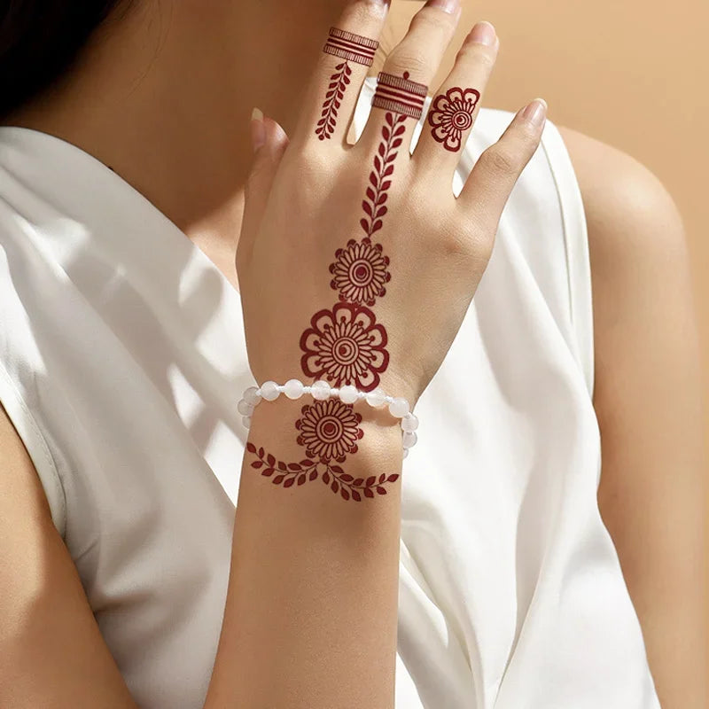 Heallor Waterproof Temporary Tattoo Stickers for Women Brown Henna Stickers for Hand Maroon Tattoo for Wedding Ramadan Festival