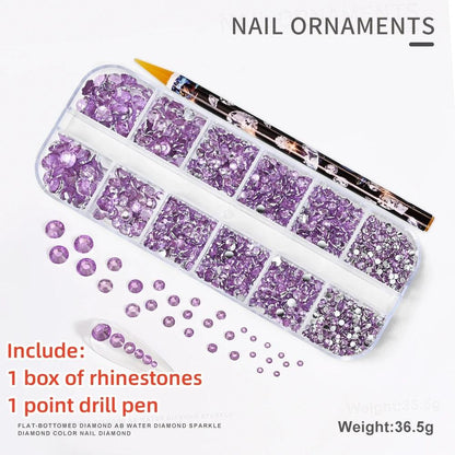 12Gird 3D Glass AB Crystal Nail Art Rhinestones Kit Flatback Round Bead Charm Gem Stones Jewelry Diamond with Tools for Nail Art