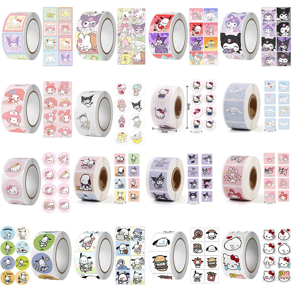 500Pcs/Roll Sanrio Stickers Kawaii Hello Kitty Melody Kuromi Cinnamoroll Luggage Graffiti Decals Kid Toy Decoration Sticker Gift