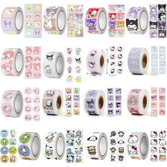 500Pcs/Roll Sanrio Stickers Kawaii Hello Kitty Melody Kuromi Cinnamoroll Luggage Graffiti Decals Kid Toy Decoration Sticker Gift