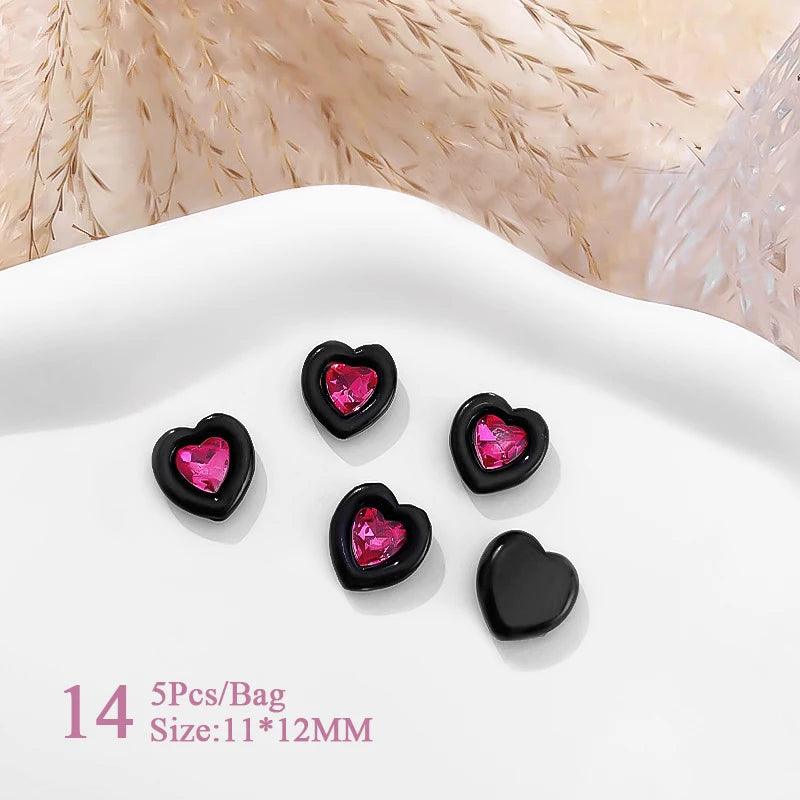 5pcs Pink Black Heart Star Flower 3D Nail Charms Y2K Style Inlaid Rhinestone Nail Jewelry Parts Nail Art Decoration