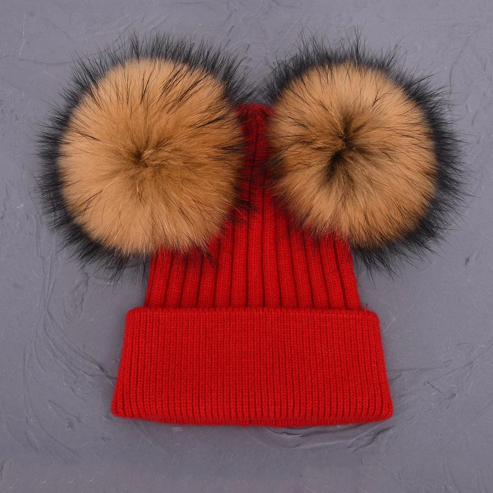 Double Real Raccoon Fur Pompom Hat Women Winter Caps Knitted Wool Hats Skullies Beanies Girls Female Two Fur Pom Pom Beanie Hat