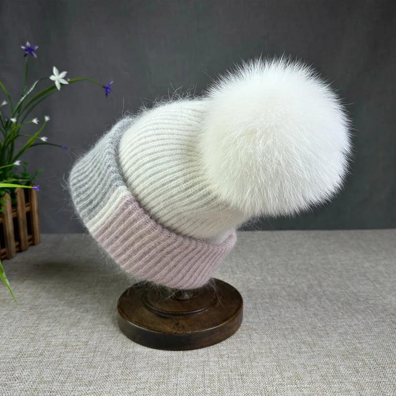 2024 New Rabbit Fur Beanies Soft Warm Fluffy fur pompom Winter Hat for Women Angora Knitted Hat Skullies Female Bonnet Knit Cap