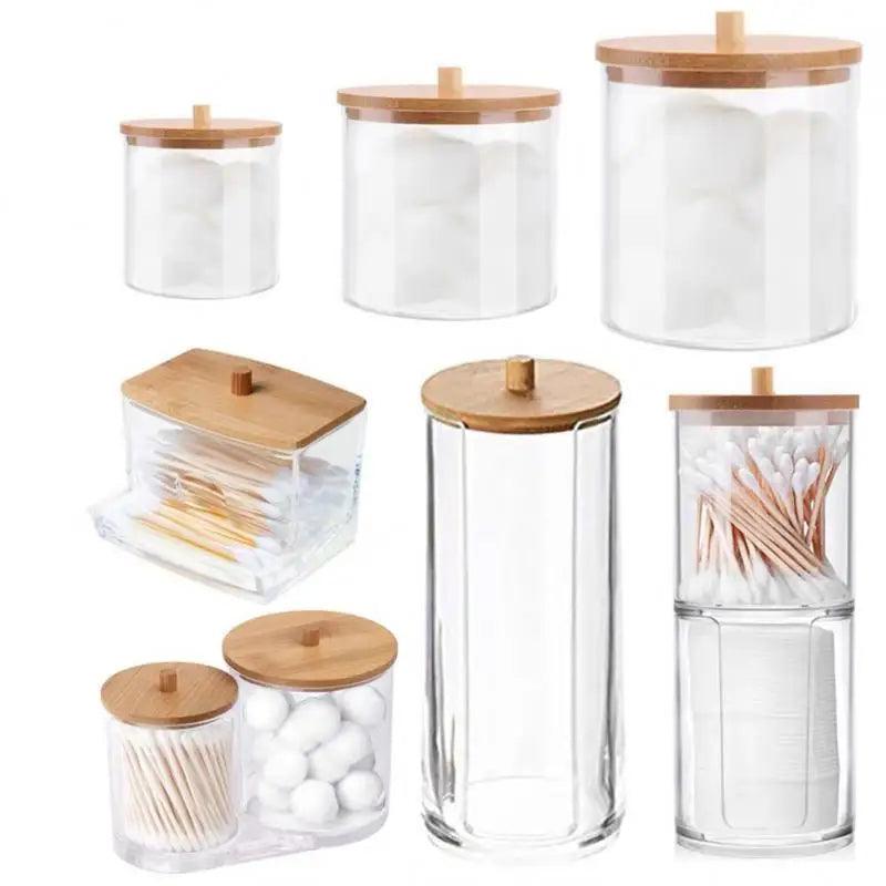 Makeup Cotton Pad Organizer Storage With Wood Lid Box For Cotton Swabs Rod Cosmetics Jewelry Bathroom Container Jar