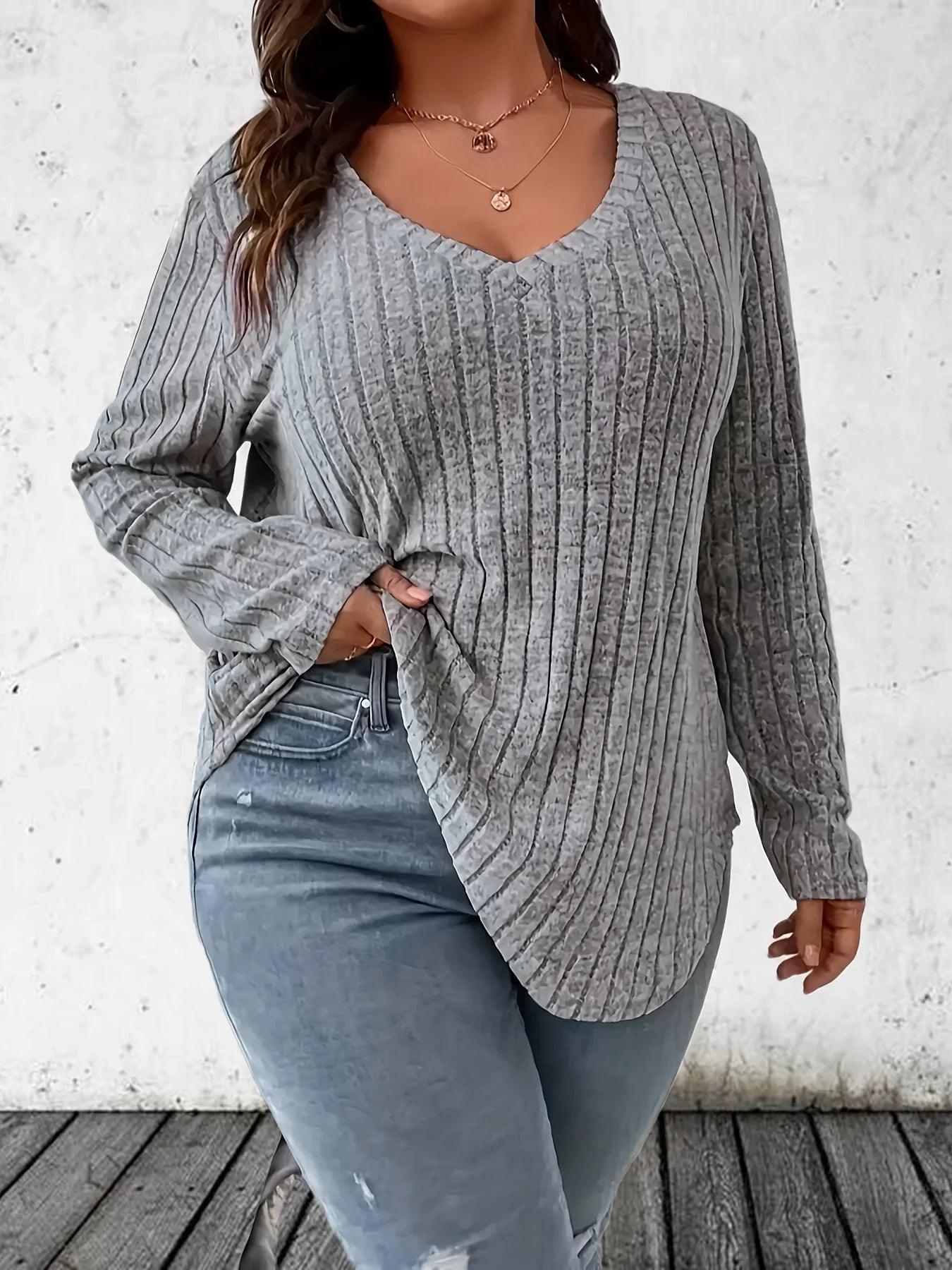 Plus Size 1XL-5XL  Women's Casual Fashion V Neck Long Sleeve T-Shirt  LadiesWomen's Plus Size Solid Ribbed T-Shirt Clothing