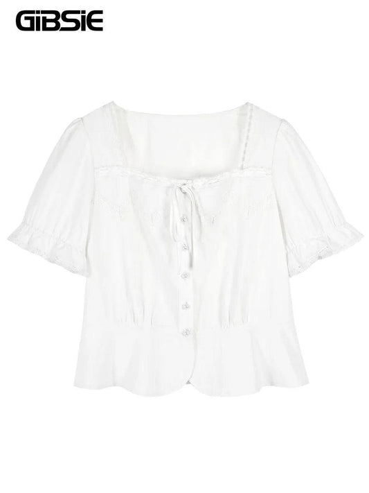 GIBSIE Plus Size Vintage Square Neck White Blouse Summer 2024 New Women's Knot Front Puff Sleeve Sweet Short Shirt Top