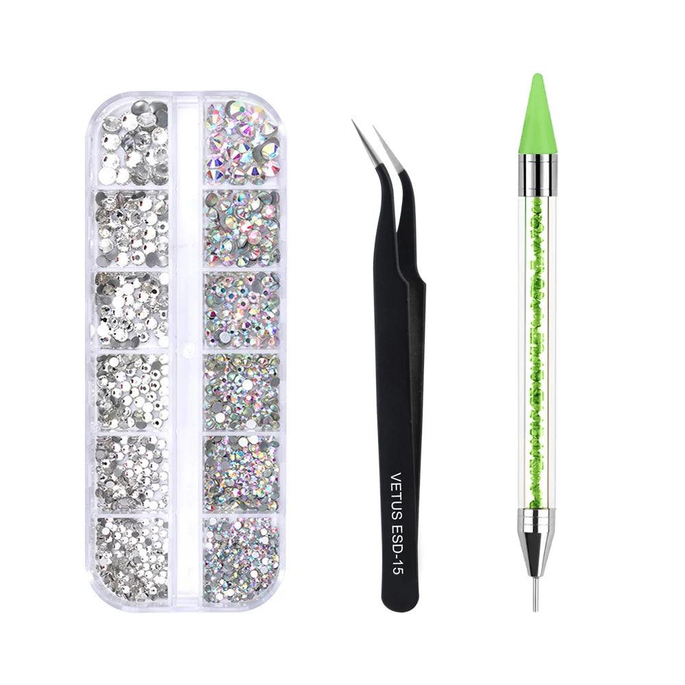 Multi-Size Nail Rhinestones 3D Crystal AB Diamonds Gems Makeup Beauty Nail Art Decorations With Picker Dotting Pen Tweezers Set