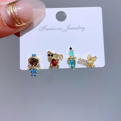 4pcs/set Small Cartoon Sweet Princess Stud Earrings Gold Color Women Girls Cubic Zircon Gift Jewelry