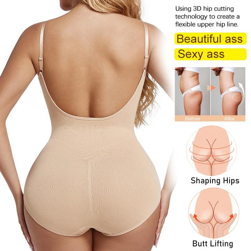 Womens Low Back Shapewear Bodysuits Open Crotch Body Shaper Seamless Tummy Control Push Up Corset Tank Top Backless Underwear