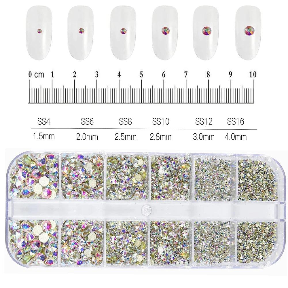 12Gird 3D Glass AB Crystal Nail Art Rhinestones Kit Flatback Round Bead Charm Gem Stones Jewelry Diamond with Tools for Nail Art