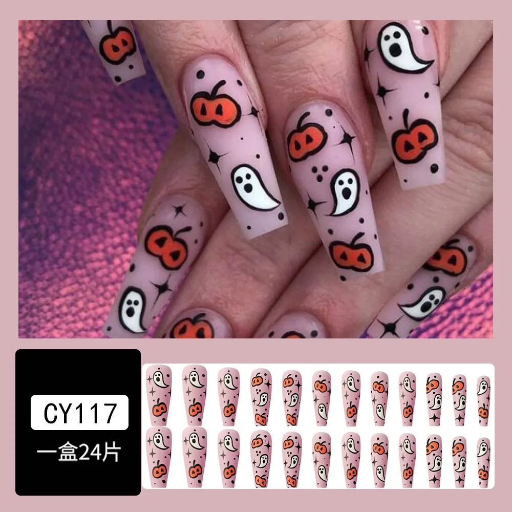 24pc/set Fashion Almond Press On Nails Art Halloween Black Ghost Design Fake Nail Pumpkin Castle Pattern Glossy False Nails Tips