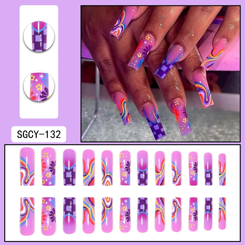 24 Long Coffins with Purple Flower Patterns ABS Full Gloss Fake Nails&1 Nail File and 1 Piece of Jelly Glue