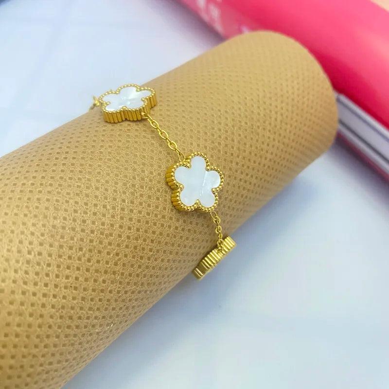 Double Sided Clover Bracelet for Women 14K Gold Plated Stainless Steel Lucky Five Leaf Link Bracelets Wrist Jewelry Lovely Gift