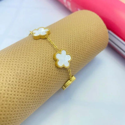 Double Sided Clover Bracelet for Women 14K Gold Plated Stainless Steel Lucky Five Leaf Link Bracelets Wrist Jewelry Lovely Gift