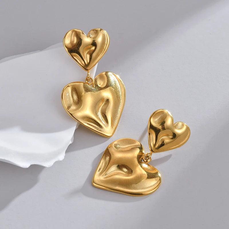 Vintage 18K Gold Plated Stainless Steel Double Heart Shaped Drop Earrings for Women Fashion Jewelry Gift