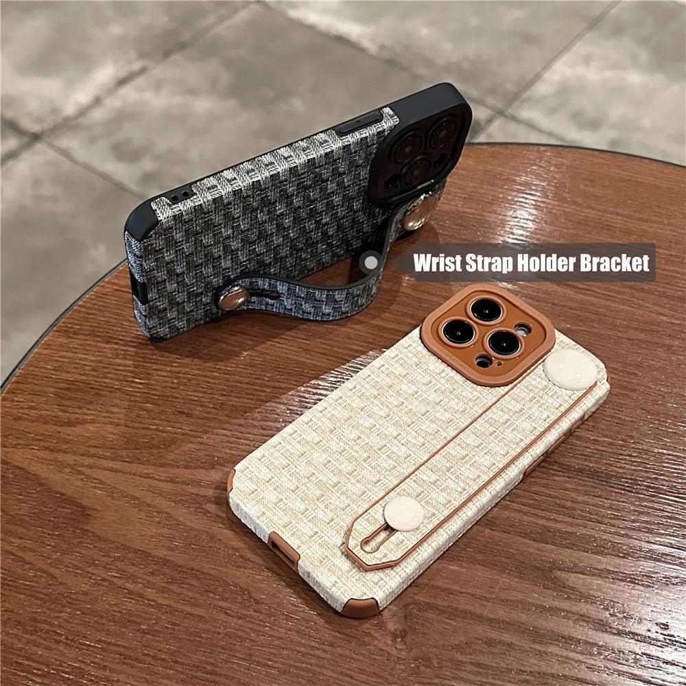 Luxury Weave Pattern Wrist Strap Holder Stand Case For iPhone 15 Pro Max 14 13 12 11 Silicone Camera Protection Shockproof Cover