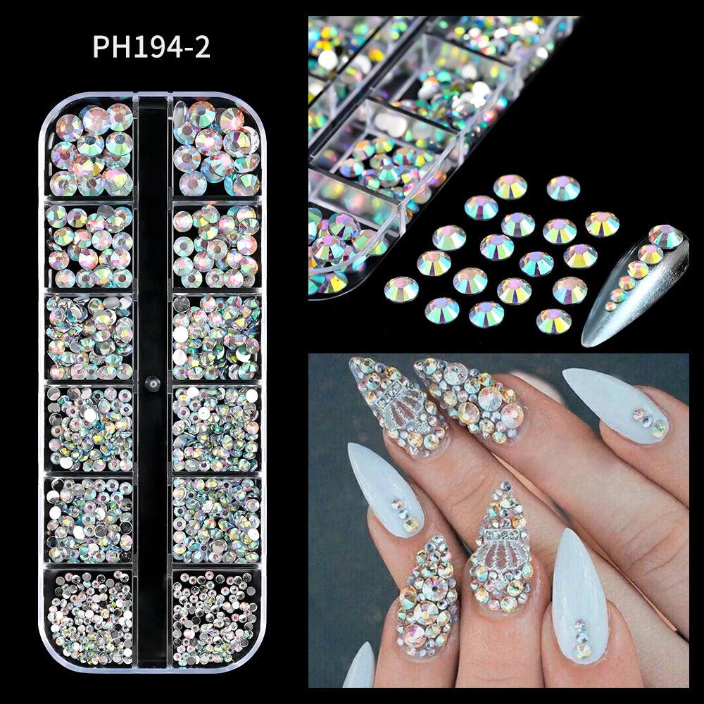 12 Grids White Half Round Pearl Nail Art Rhinestone Mix Size Flatback Caviar Beads Nail Charms Jewels Pearl Manicure Tip Gems