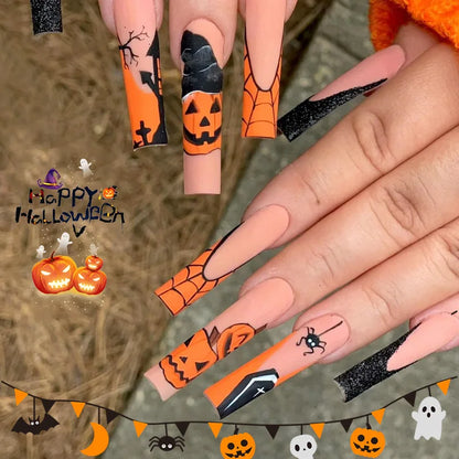 24Pcs Halloween Design False Nails Long Ballet Press on Nails with Pearl Wearable Coffin Fake Nails French Square Finger Nail