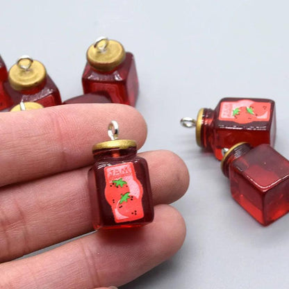 10pcs Mini Strawberry Jam Resin Charms Lovely Bread Flavoring Bottle Small Pendant DIY Chef Earring Keychain Cute Jewelry Make