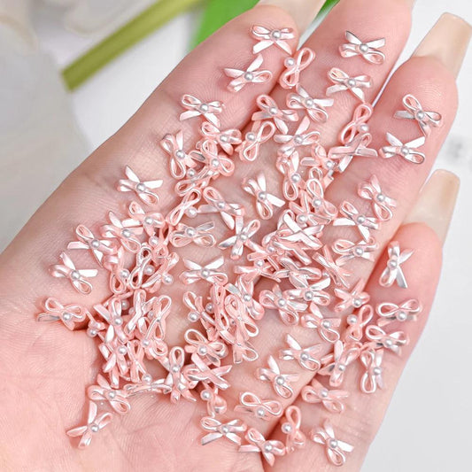 10PCS Ballet Dance Shoes Alloy Nail Charms Pink Kawaii Ribbon Pearl Bow Nail Jewelry French UV Polish Ballet Bows Manicure Parts