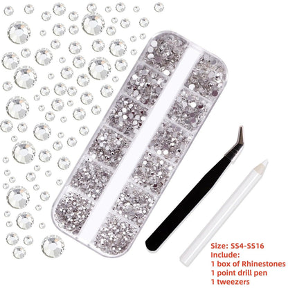 12Gird 3D Glass AB Crystal Nail Art Rhinestones Kit Flatback Round Bead Charm Gem Stones Jewelry Diamond with Tools for Nail Art