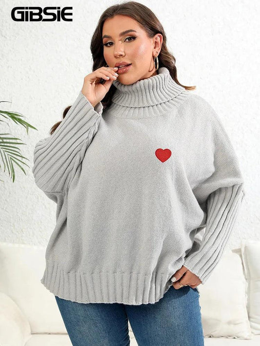 GIBSIE Plus Size Heart Embroidery Oversized Turtleneck Sweater Women 2024 Fall Winter Fashion Loose Gray Black Knitted Pullover