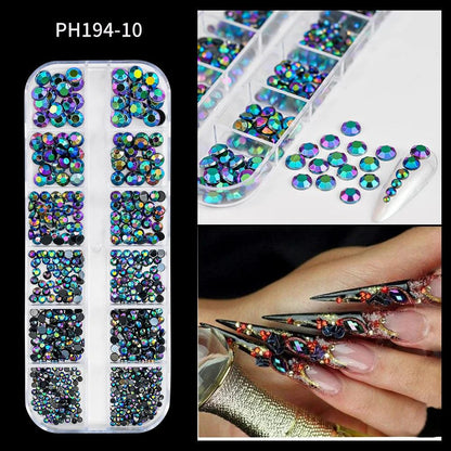 12Grids SS6-SS30 Mixed Nail Rhinestones Shiny Clear/Gold/Pink/Blue Diamond Flat-back Nail Gems Glass Stones Nails Decoration