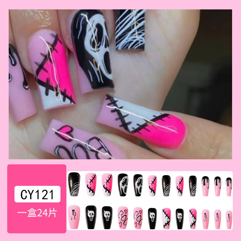 24pc/set Fashion Almond Press On Nails Art Halloween Black Ghost Design Fake Nail Pumpkin Castle Pattern Glossy False Nails Tips