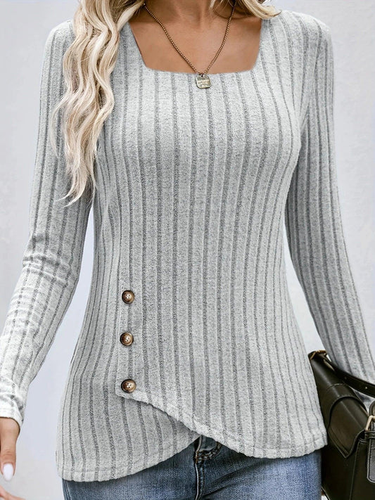 Square Neck Solid Ribbed Button DecorT-Shirt, Casual Long Sleeve Top For Spring & Fall, Women's Clothing