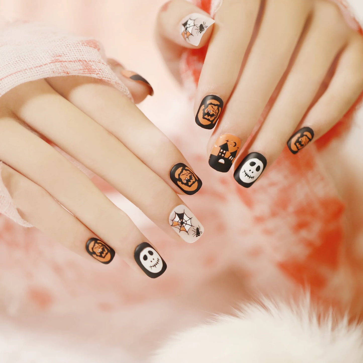 24pc/set Fashion Almond Press On Nails Art Halloween Black Ghost Design Fake Nail Pumpkin Castle Pattern Glossy False Nails Tips