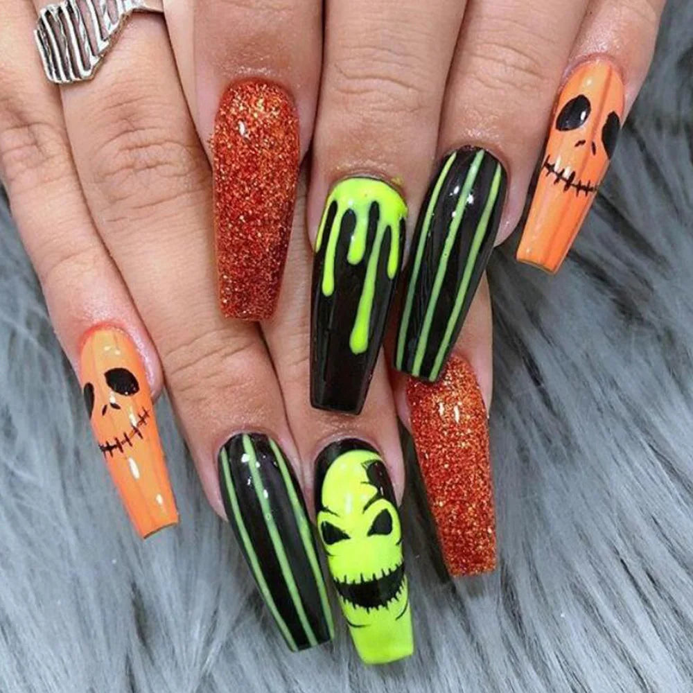 24P/Set Halloween Fake Nails Art Ghost Face Pumpkin Spooky Designer Girls Party Press on Nail Tips Wearable Stick on Nails False