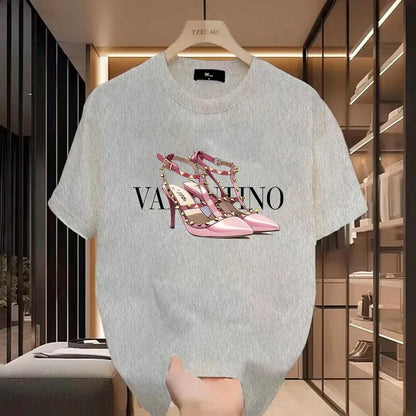 Women High Heels Letters Print Short Sleeve Casual T-shirt Summer Luxury Y2k Cotton Tee Female Designer Trendy High Quality Tops