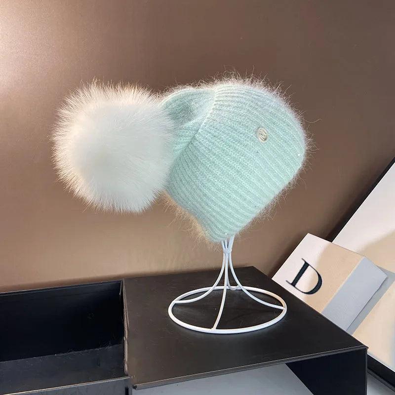 Real Fox Fur Pom Poms Hats for Women Winter Outdoor Warm Skullies Beanies Fashion M Letter Rabbit Knitted Thick Cap Christmas