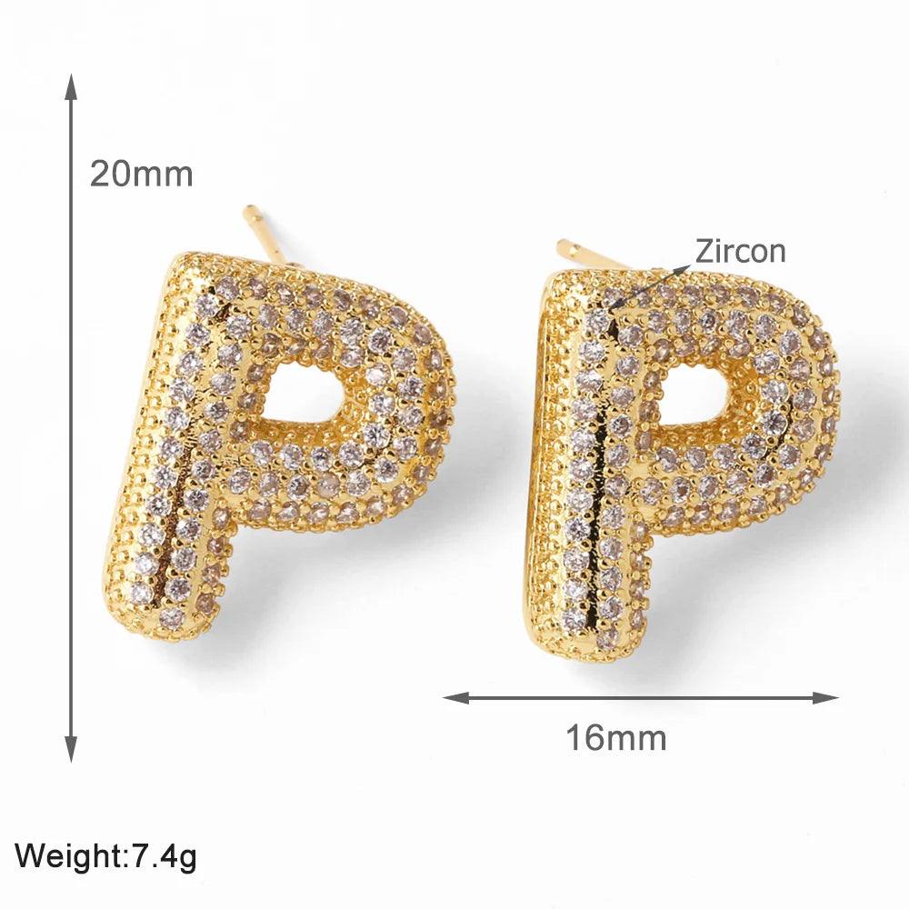 FLOLA Clear Crystal Bubble Letter Earrings for Women Copper Gold Plated Initial Ear Studs Name Jewelry Gifts ersa009