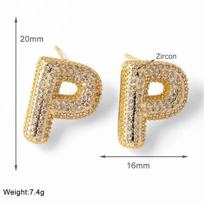 FLOLA Clear Crystal Bubble Letter Earrings for Women Copper Gold Plated Initial Ear Studs Name Jewelry Gifts ersa009