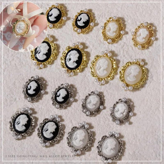 10pcs Retro Pearl Beauty Head Nail Charms Vintage 3D European Style Alloy Pearly Jewelry Rhinestones DIY Nail Art Decoration