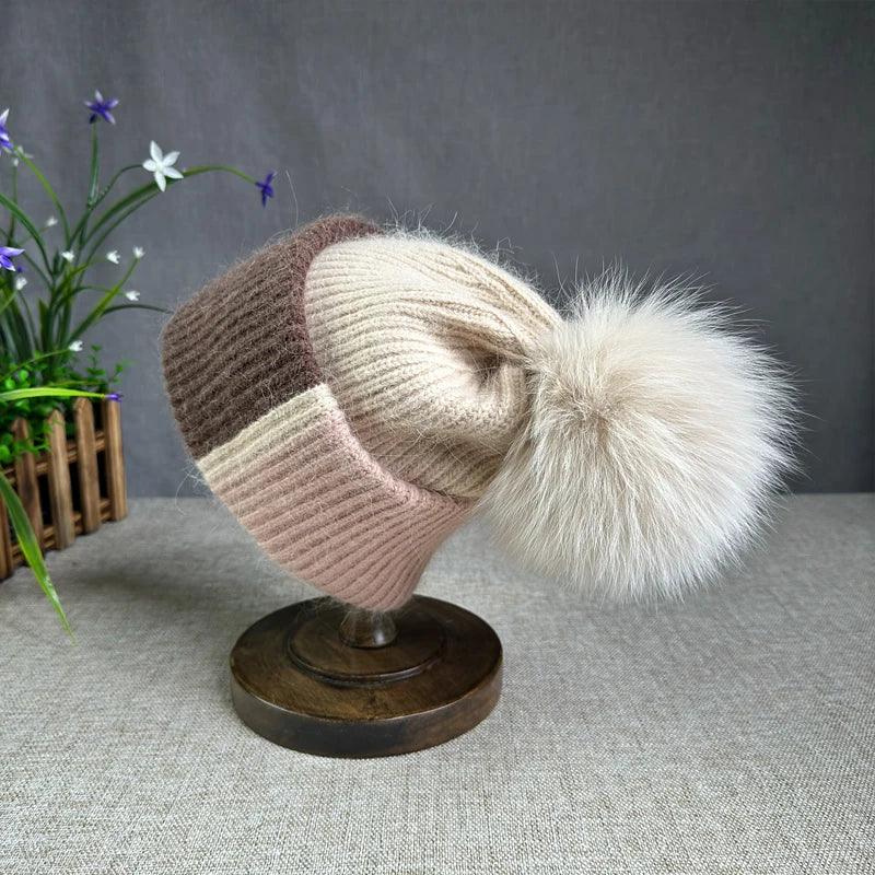 2024 New Rabbit Fur Beanies Soft Warm Fluffy fur pompom Winter Hat for Women Angora Knitted Hat Skullies Female Bonnet Knit Cap